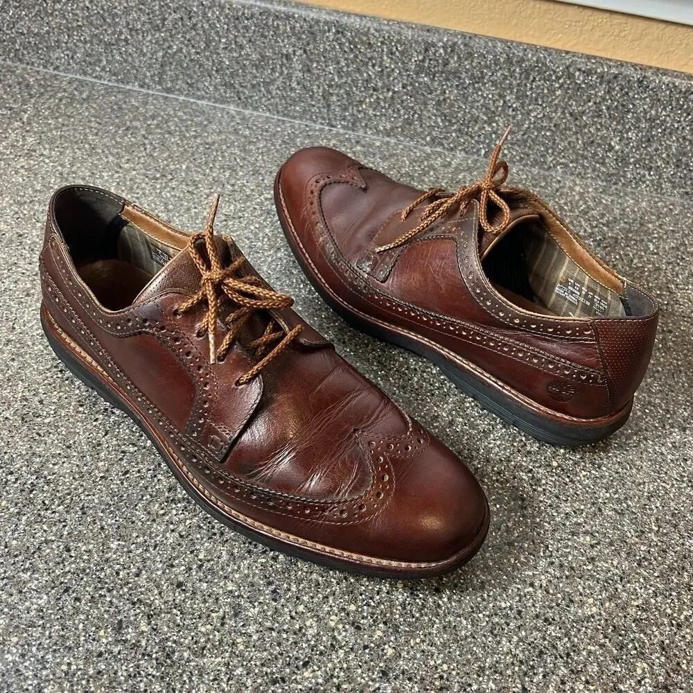 Timberland Mens Size 9 Brown Leather Comfort Oxford Casual Wing Tip Lace Up Shoe